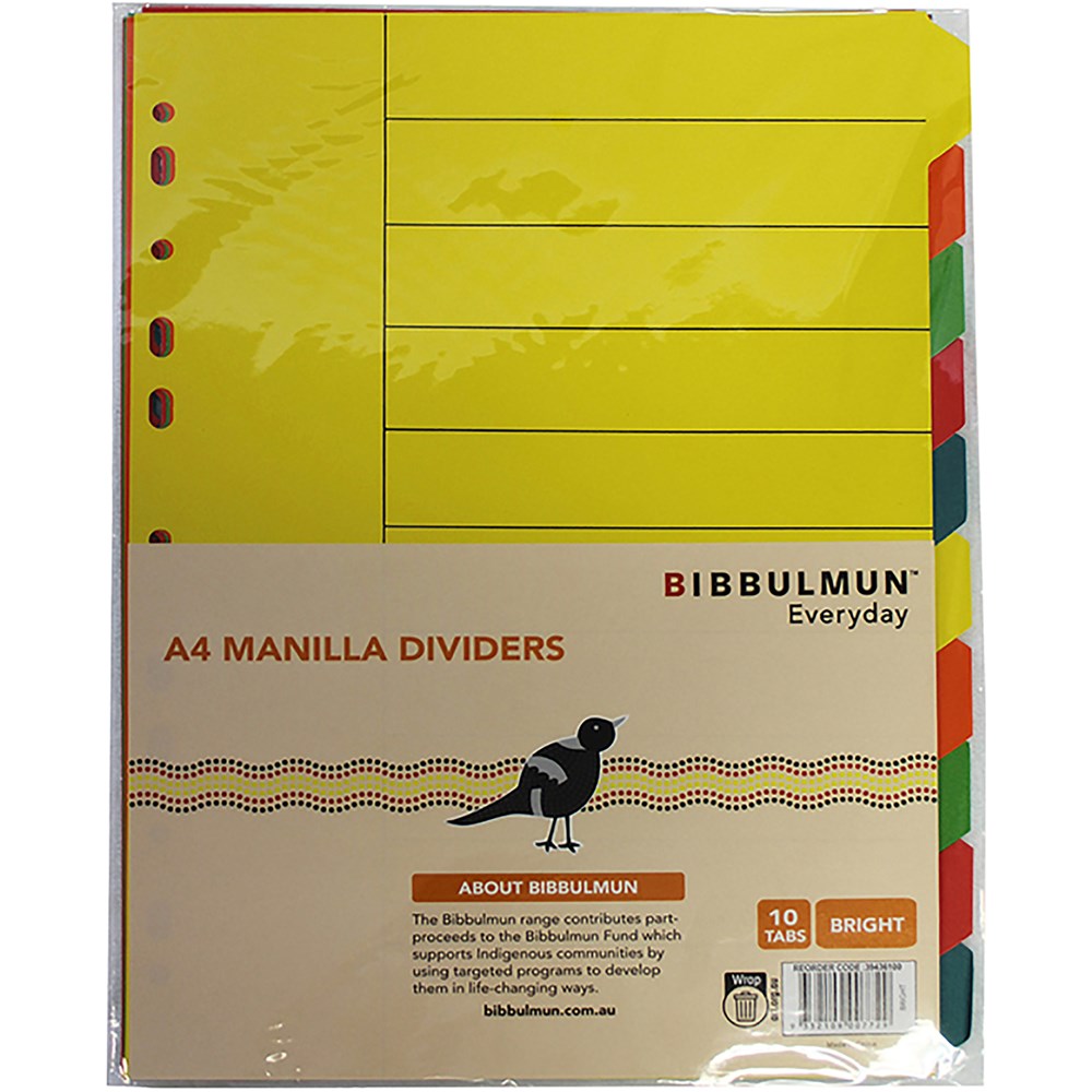 Dividers - Bibbulmun Manilla Divider A4 10 Tab Bright Colours - Your Home  for Office Supplies & Stationery in Australia